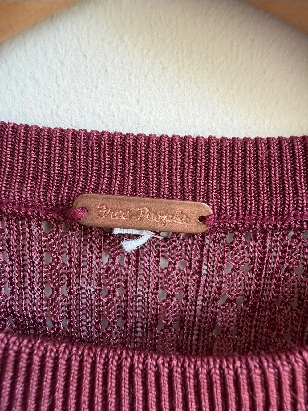 Free People Sheer Knit Linen Type Long Sleeve Crop Micro Top Maroon
